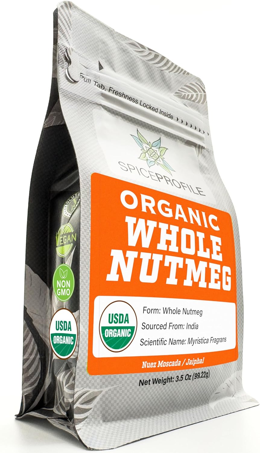 Spice Profile USDA Organic Whole Nutmeg, Lab Tested for Heavy Metals, Resealable 3.5 oz Pouch, Jaiphal, Nuez Moscada