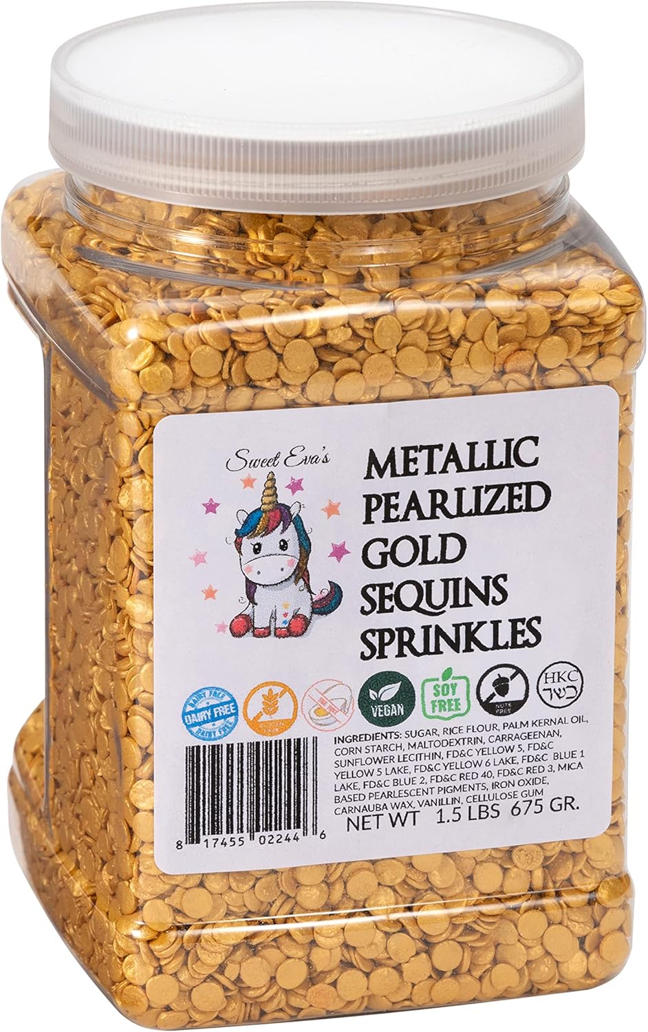 METALLIC PEARLIZED GOLD SEQUINS SPRINKLES-Dairy Free,Gluten Free,Egg Free,Vegan,Soy Free,Nuts Free,Kosher,Large,Bulk Candy,Cupcake,Cookies And Cake Topper,Jimmies,Baking,Decorating,Sugar Shapes