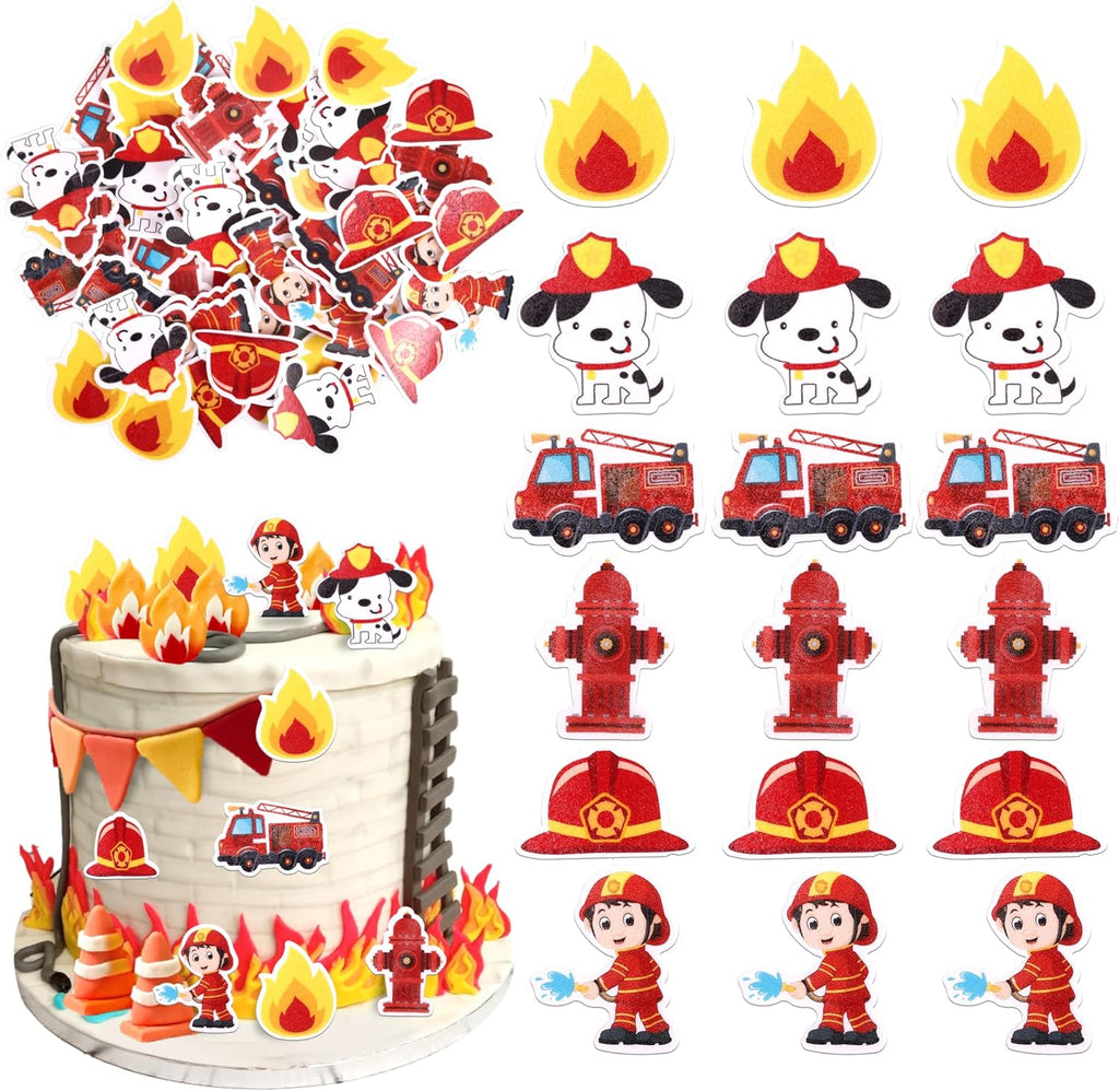 60 PCS Edible Fire Truck Cupcake Toppers Fireman Cupcake Picks Edible Fire Department Cake Decorations for Fire Truck Engine Rescue Theme Baby Shower Birthday Party Cake Food Decorations Supplies