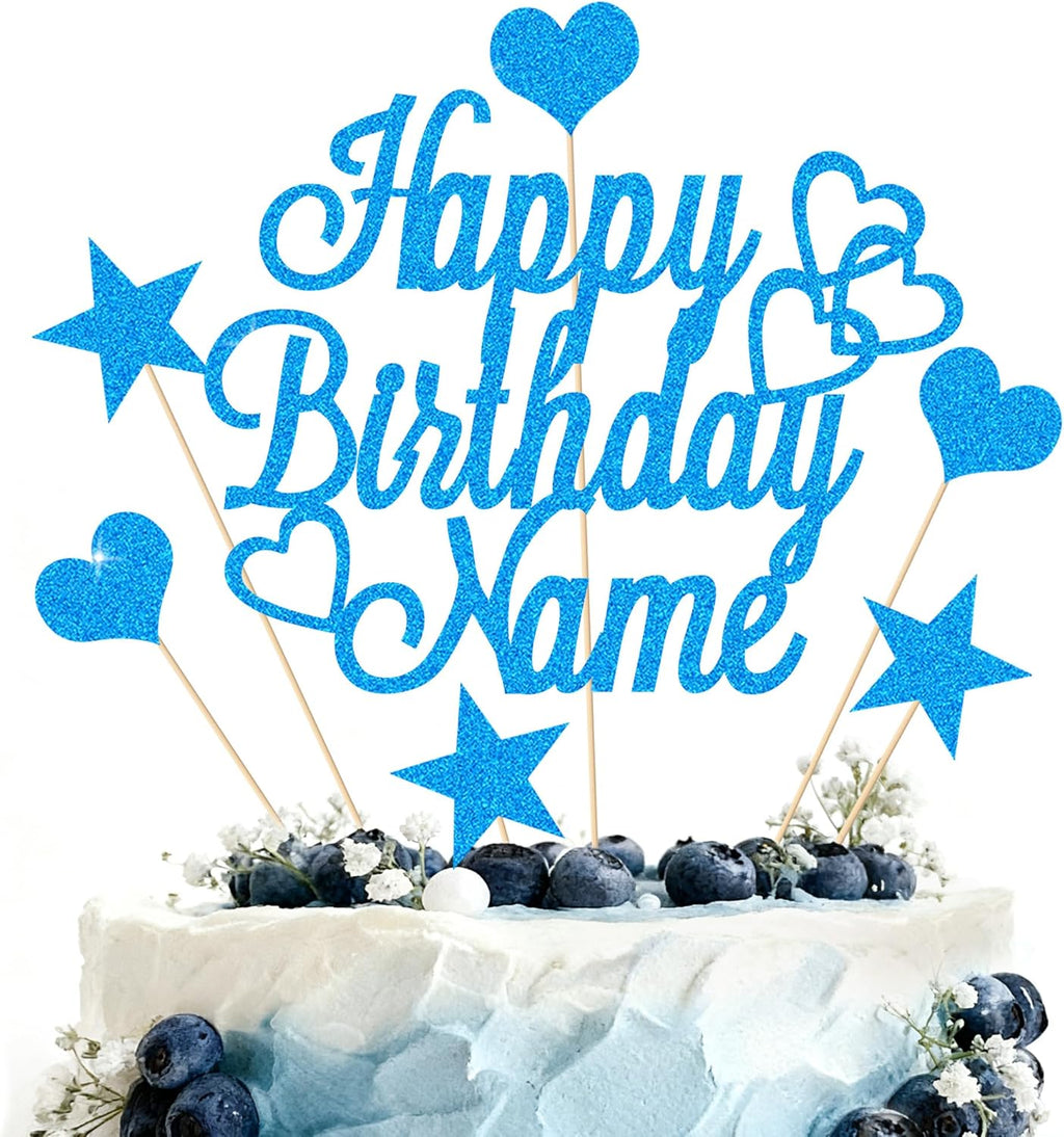 Personalized Happy Birthday Cake Topper | Customized Name Cake Decoration | Double Sided Glitter Card | Blue