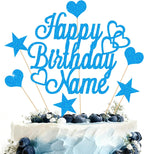 Personalized Happy Birthday Cake Topper | Customized Name Cake Decoration | Double Sided Glitter Card | Blue