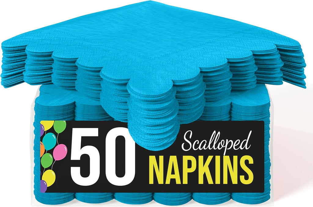 Turquoise Scalloped Napkins Disposable 50 Pcs 2-Ply Turquoise Scalloped Cocktail Napkins Paper Everyday for Cocktail Parties, & Party Supplies
