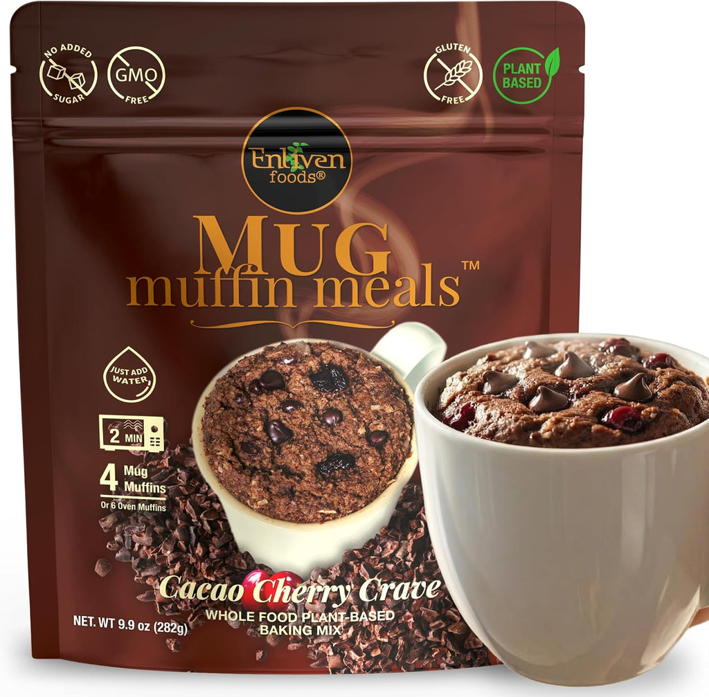 2 Minute Mug Muffin Meals (Makes 4), Cacao Cherry Chocolate Crave – Gluten Free Vegan Chocolate Snack, High Fiber Prebiotic Muffin Mix, Date-Sweetened, Grain Free, No Added Sugar, Microwave Mug Cake, 9.9 oz (1 Pack)