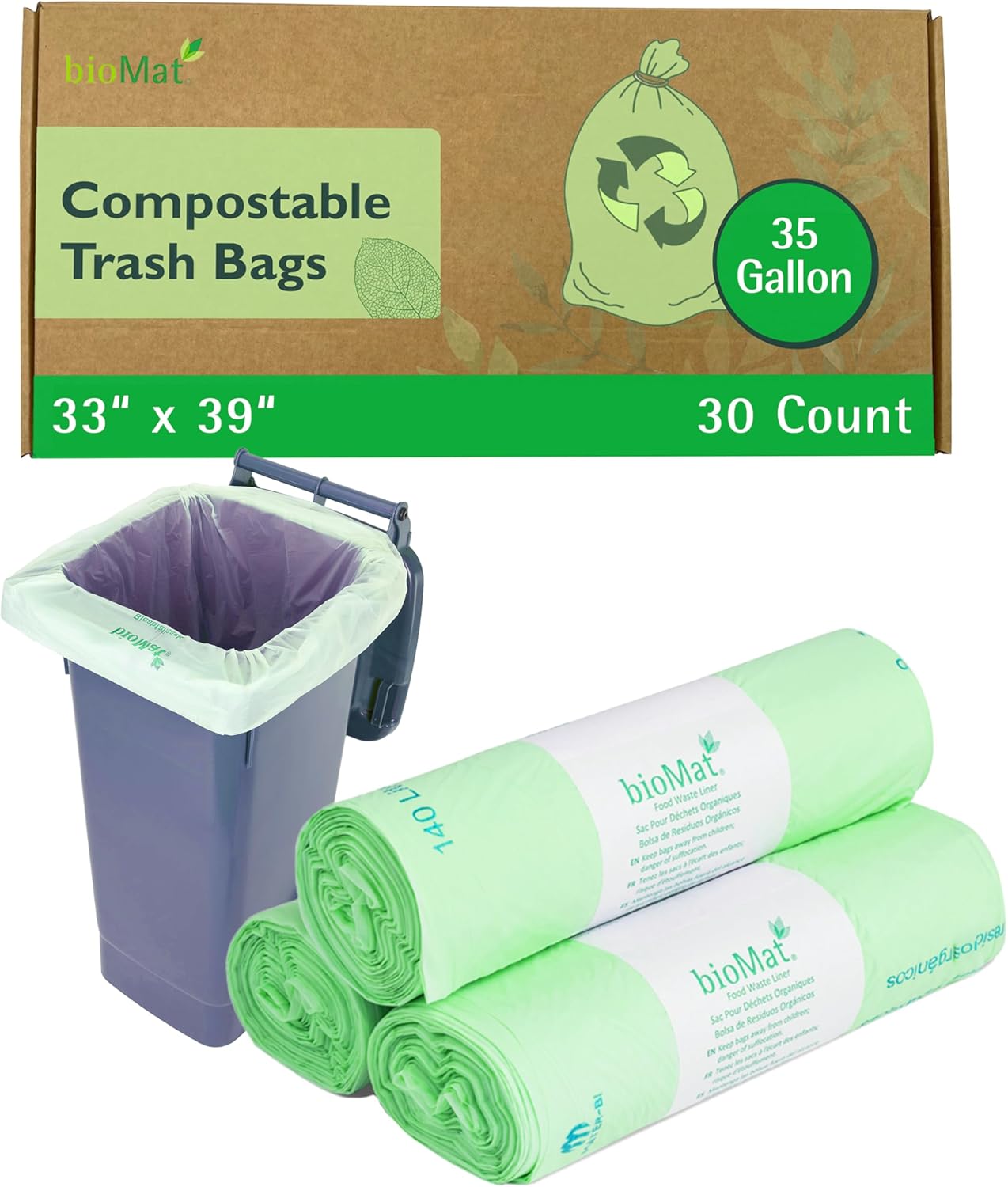 bioMat Compostable Trash Bags 35 Gallon, 30 Count, Tall Kitchen Food Scrap Bin Liners, BPI, CMA and OK Compost HOME certified, Meets the ASTM D6400 Standard