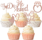 30 Pack He Asked She Said Yes Cupcake Toppers Glitter Heart Ring I do Cupcake Picks Bridal Shower Cake Decorations for Wedding Engagement Theme Party Supplies Rose Gold