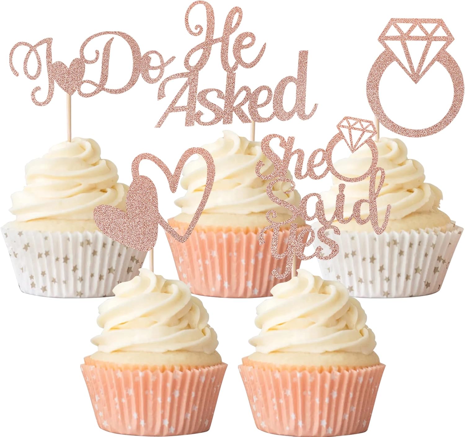 30 Pack He Asked She Said Yes Cupcake Toppers Glitter Heart Ring I do Cupcake Picks Bridal Shower Cake Decorations for Wedding Engagement Theme Party Supplies Rose Gold