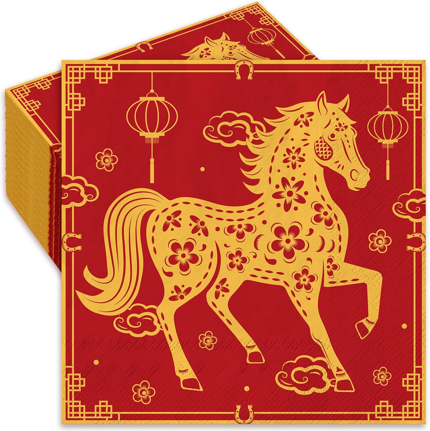 Whaline 80 Pcs Chinese New Year Luncheon Napkins Disposable Paper Napkin Decorative Chinoiserie Red Gold Horse Dessert Dinner Hand Napkin for Spring Festival Lunar New Year Party Supplies Table Decor