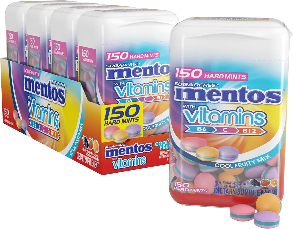 Mentos Vitamin Hard Mints, Cool Fruity Mix Flavor, Easter Candy, Easter Basket Essentials Stuffers for Kids and Adults, Sugar-Free, 150 Pieces (4-Pack)
