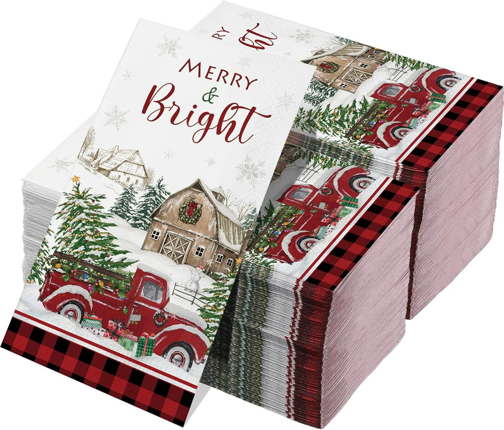 Pasimy 100 Pcs Christmas Guest Napkins Disposable 3 Ply Merry and Bright Buffalo Plaid Napkins Red Truck Xmas Tree Snowflake Paper Towel for Dinner Bathroom Wedding Winter Holiday Party Supplies