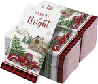Pasimy 100 Pcs Christmas Guest Napkins Disposable 3 Ply Merry and Bright Buffalo Plaid Napkins Red Truck Xmas Tree Snowflake Paper Towel for Dinner Bathroom Wedding Winter Holiday Party Supplies