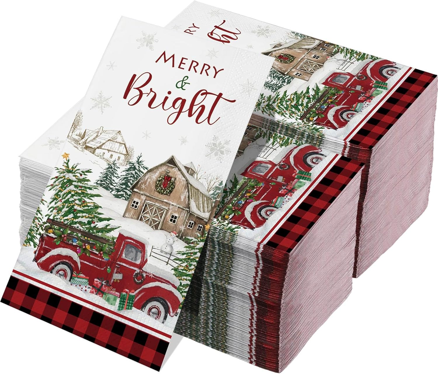 Pasimy 100 Pcs Christmas Guest Napkins Disposable 3 Ply Merry and Bright Buffalo Plaid Napkins Red Truck Xmas Tree Snowflake Paper Towel for Dinner Bathroom Wedding Winter Holiday Party Supplies