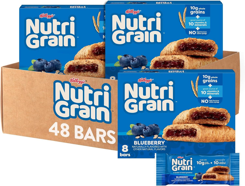 Nutri-Grain Soft Baked Breakfast Bars, Kids Snacks, Whole Grain, Blueberry (6 Boxes, 48 Count)