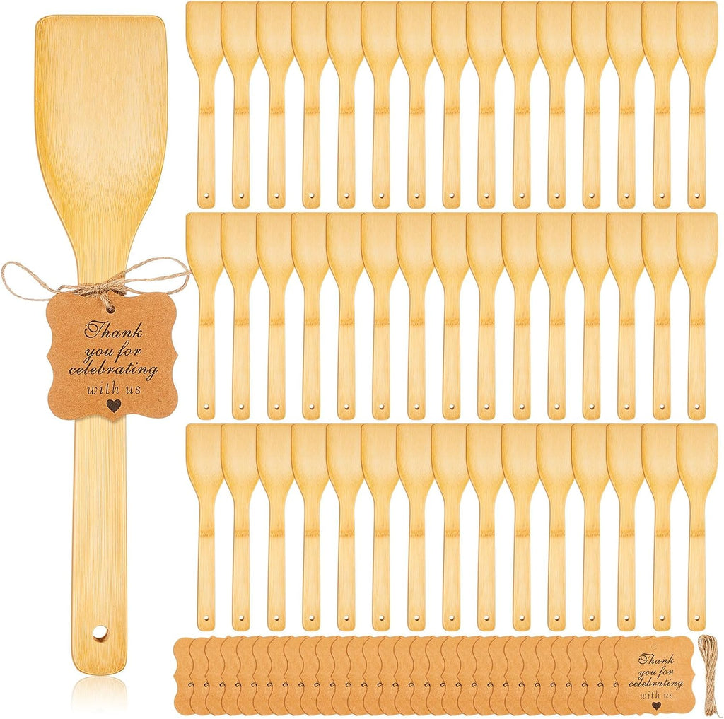 Lineshading 50 Pcs Bamboo Wooden Spatula Bulk, 12 Inch Kitchen Spatula Utensils with Thank You Cards for Cooking Birthday Wedding Baby Shower Housewarming Party Gift(Solid)