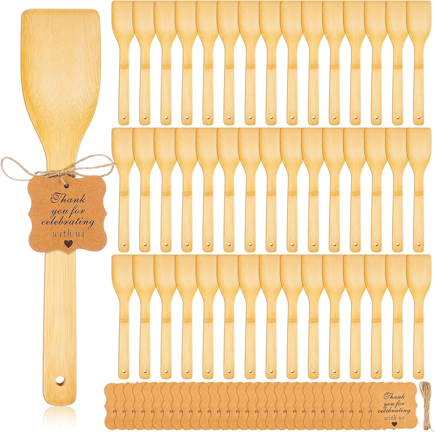 Lineshading 50 Pcs Bamboo Wooden Spatula Bulk, 12 Inch Kitchen Spatula Utensils with Thank You Cards for Cooking Birthday Wedding Baby Shower Housewarming Party Gift(Solid)