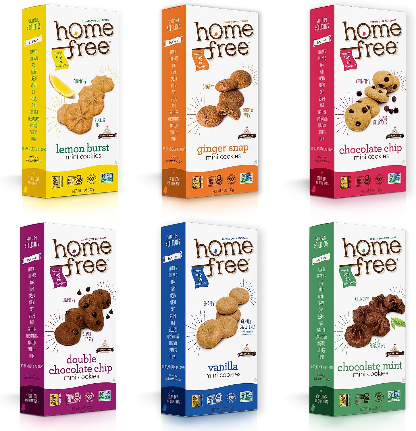 Homefree Treats — Vegan Cookies Variety Pack – Allergy Safe School Snacks – Peanut Free, Gluten Free, Egg Free, Dairy Free – Yummy Crunchy Cookie Assortment, Kosher Pareve (6 Count)