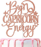 Big Capricorn Energy Cake Topper, Happy Birthday Capricorn in December/January, Capricorn Season, 12 Zodiac Constellation Theme Birthday Party Decoration Supplies, Rose Gold Glitter