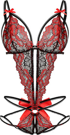 Donnalla Women's Deep V Lace Teddy One Piece Lingerie Cutout Strappy Lingerie