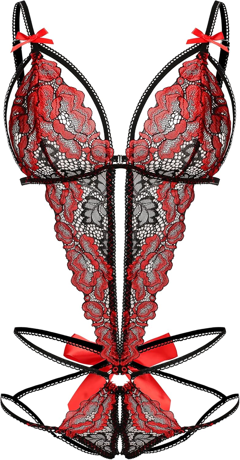 Donnalla Women's Deep V Lace Teddy One Piece Lingerie Cutout Strappy Lingerie