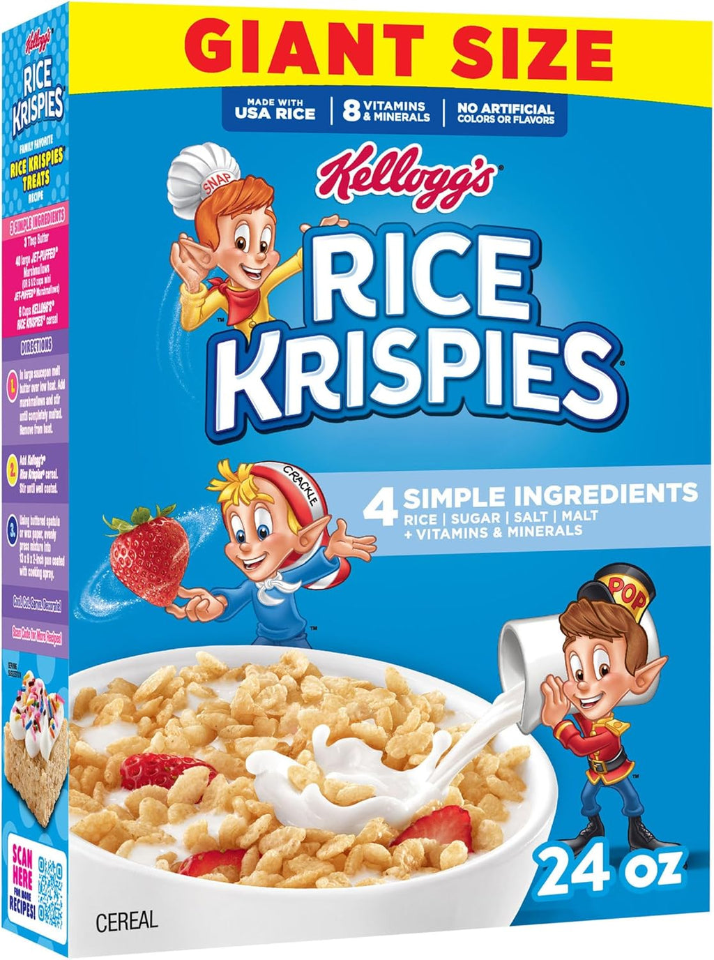 Kellogg's Rice Krispies Cold Breakfast Cereal, 8 Vitamins and Minerals, Rice Krispies Treats, Giant Size, Original, 24oz Box (1 Box)