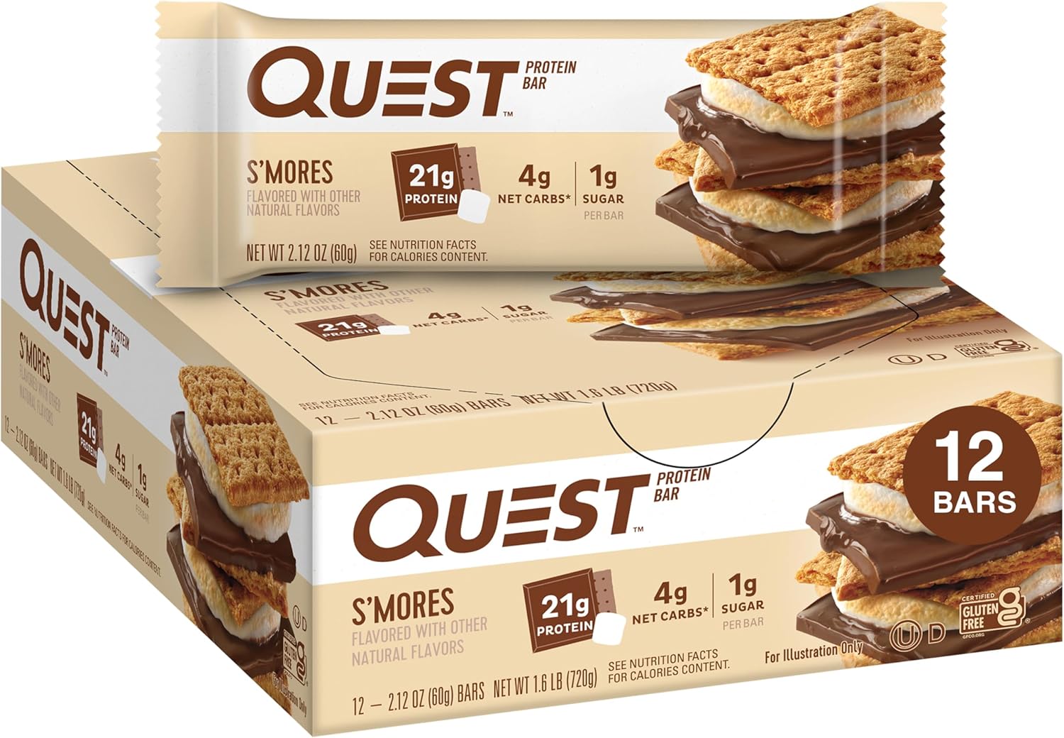 Quest Nutrition S'Mores Protein Bars, 21g Protein, 1g Sugar, 4g Net Carb, Gluten Free, Keto Friendly, 12 Count