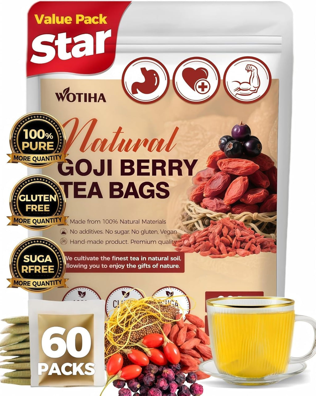 WOTIHA 60 Count Premium Goji Berry Tea Bags - 100% Natural, Restore Passion & Digestion Support, Immune & Antioxidant Boost, Additive-Free, Sugar-Free, Vegan Non-GMO.