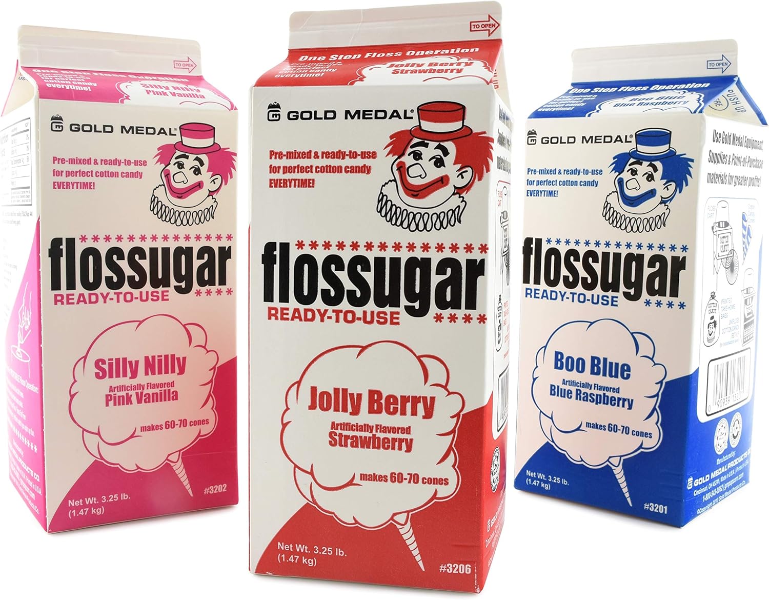 Cotton Candy Floss Sugar- Blue Raspberry, Pink Vanilla, Strawberry-1/2 Gallon-Three Pack