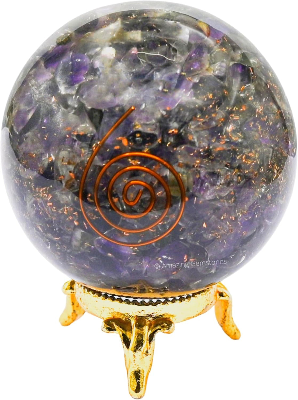 Amazing Gemstone 2.5" Amethyst Orgonite Orgone Crystal Sphere Ball with Stand - Meditation Crystal Ball for Witchcraft and Decorative Balls - Premium Gemstone Sphere Balls