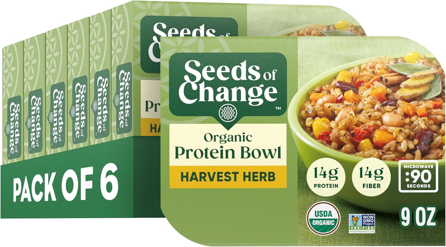 SEEDS OF CHANGE Organic High Protein Bowl Harvest Herb, Prepared Entrée, Microwave in 90 Seconds, 9 oz (Pack of 6)