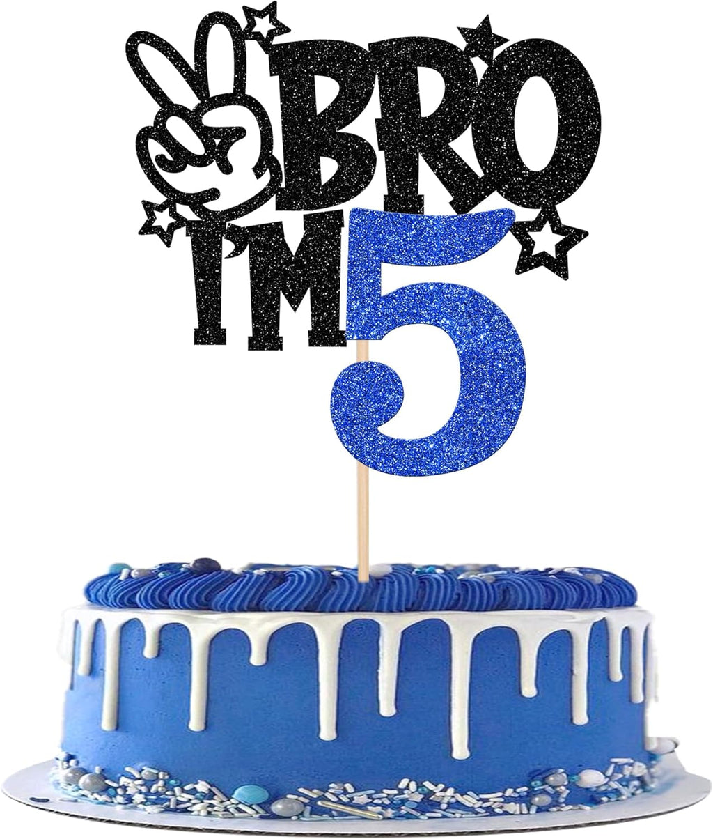 1 PCS Brother I'm 5 Cake Topper Glitter Star Happy 5th Birthday Cake Pick Bro I'm 5 Cake Decoration It's My 5th Birthday Decorations for Boys Cheers to 5 Years Old Birthday Party Supplies Blue