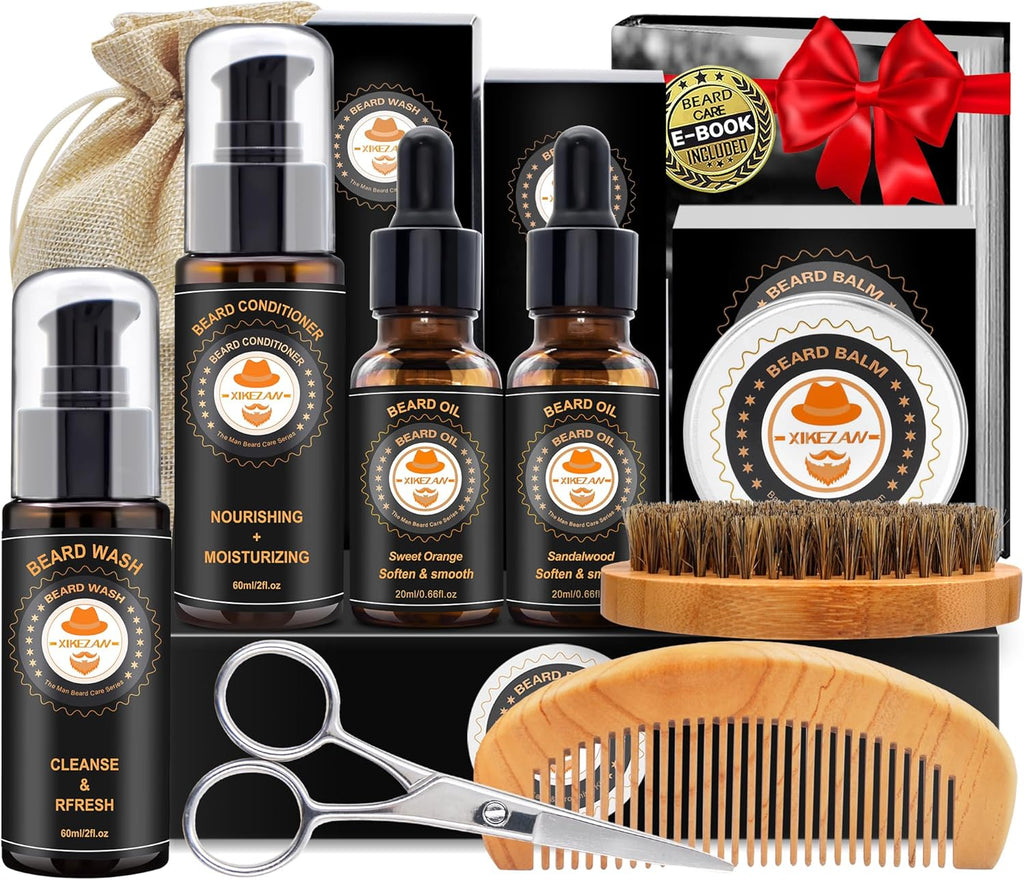 XIKEZAN Beard Kit for Men Grooming & Care w/Beard Conditioner, Wash, Oil, Balm, Brush, Comb,Birthday Fathers Valentines Gifts for Men Him Dad Husband Boyfriend Mens Christmas Stocking Stuffers