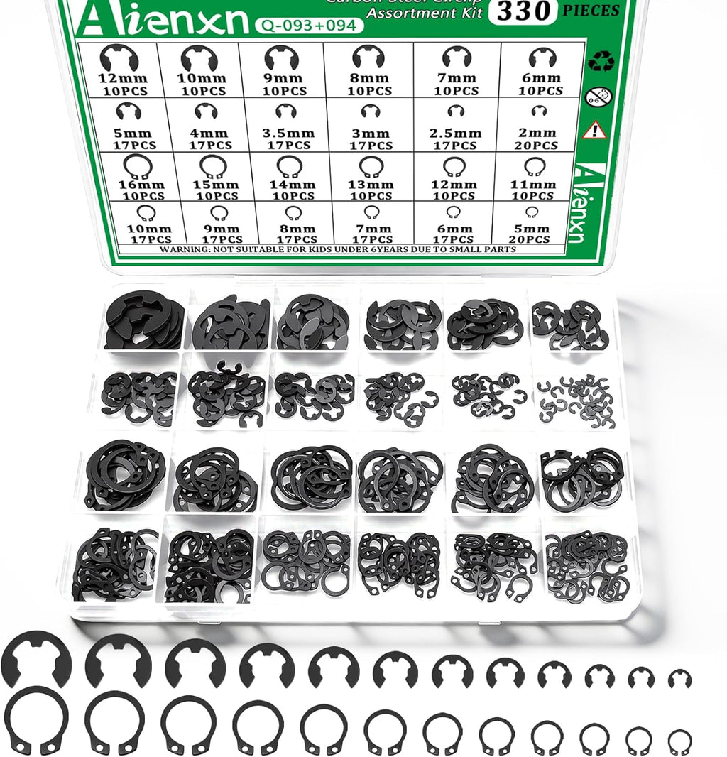 330PCS Snap Rings Assortment Kit, E Clips Assortment Kit (2MM-12MM) and C Clips Assortment Kit (5MM-16MM), 24 Sizes External Retaining Rings Carbon Steel Circlip Snap Ring Kit