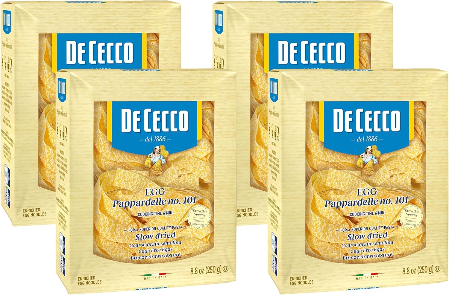 De Cecco Egg Pappardelle No. 101 Pasta, 8.8 Oz, Authentic, Slow Dried, Made with Cage Free Eggs & Durum Wheat, Versatile Pasta for Sauces & Recipes, Made in Italy (Pack of 4)