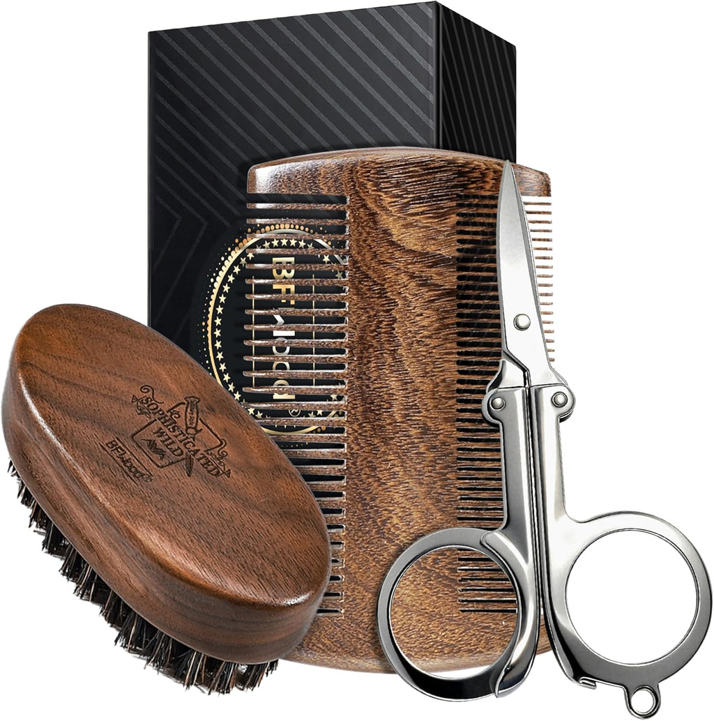 BFWood Mens Beard Brush Comb Kit, Small Travel Beard Set - Natural Boar Bristles With Black Walnut Wood, Grooming Sandalwood Mustache Comb, Mustache Trimming Sissors With Storage Bag