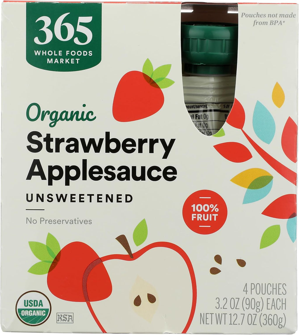 365 by Whole Foods Market, Organic Strawberry Applesauce Pouches, Unsweetened, 3.2 Ounce (Pack of 4)
