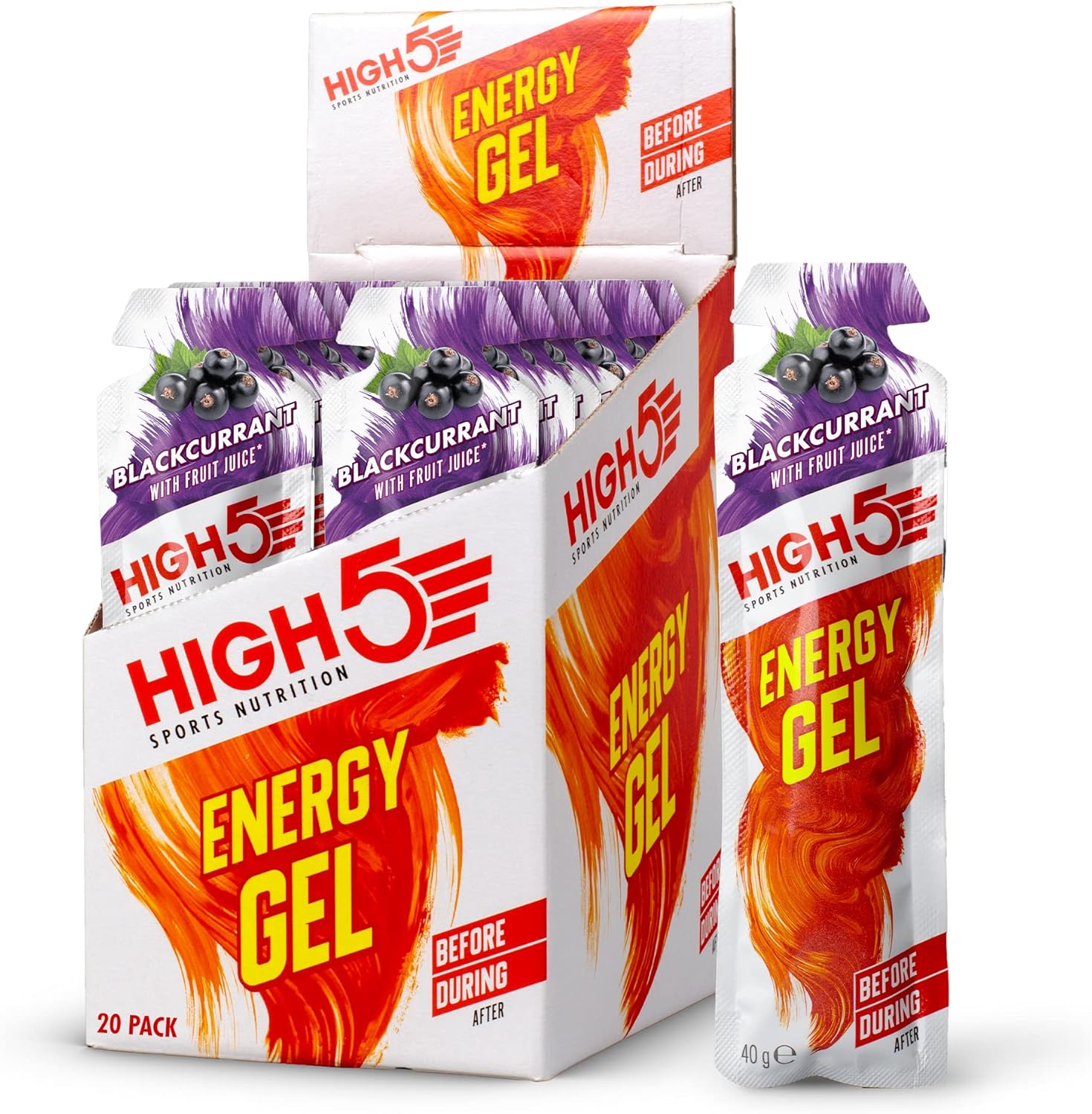 HIGH5 Energy Gels - Quick Release Sports Gels to Power Muscles for Top Performance - Natural Fruit Juice & Caffeine-Free - On The Go Energy Boost for Running, Cycling and More (Blackcurrant, 20 x 40g)