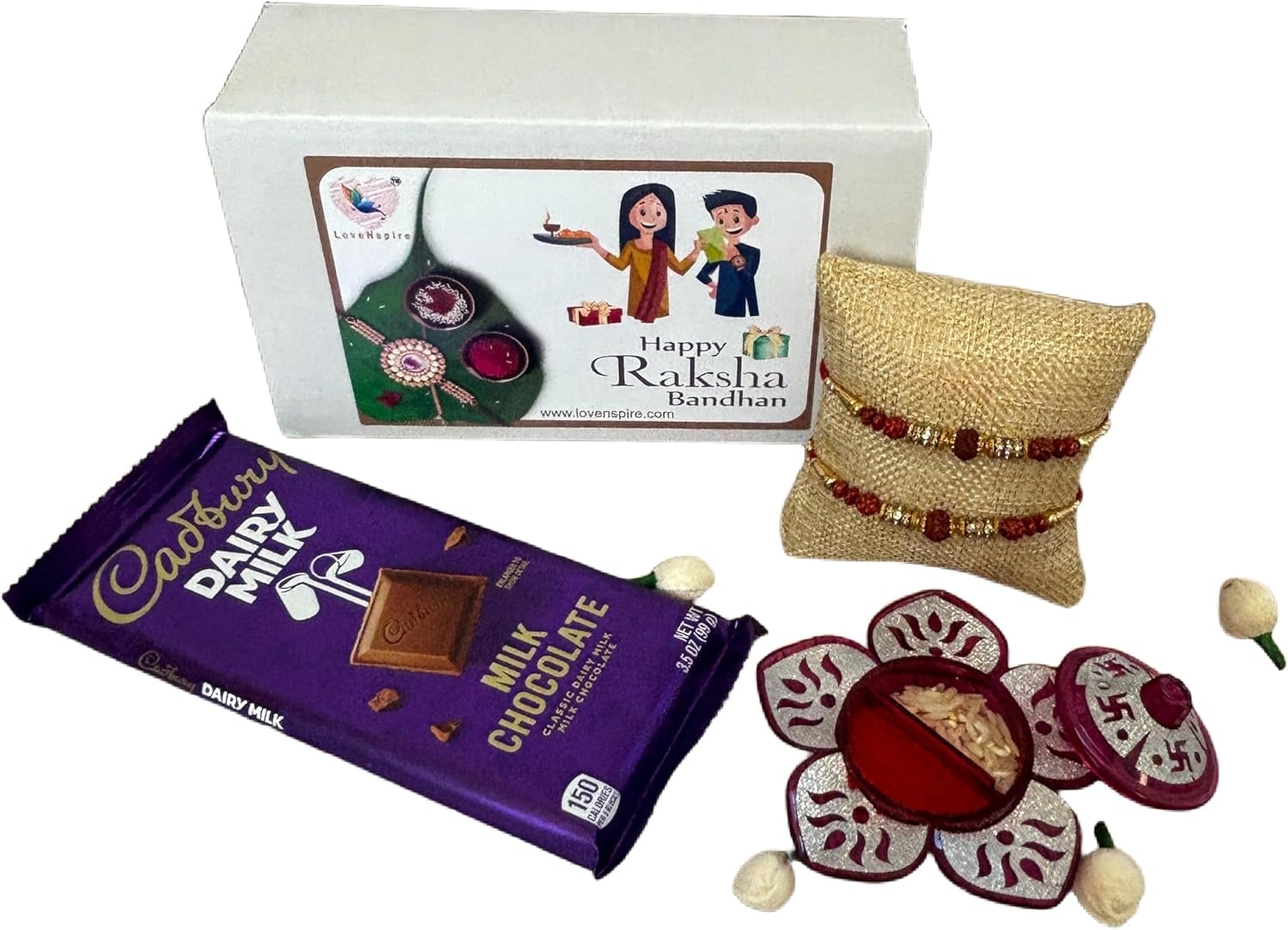LoveNspire Rakhi Gift Hamper Rakhi for Brother with Gift Set - Set of 2 Rudraksha Rakhi with Haldi Kumkum Holder Roli Chawal - Raksha Bandhan Bracelet Rakhi for Bhai Bhabhi Hamper 2