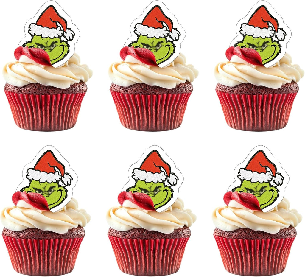 50 PCS Edible Christmas Cupcake Toppers Green Monster Man Cake Toppers Wafer Paper Christmas Birthday Decorations for Edible Merry Xmas Theme Baby Shower Birthday Party Cake Decorations Supplies