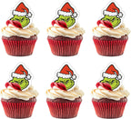 50 PCS Edible Christmas Cupcake Toppers Green Monster Man Cake Toppers Wafer Paper Christmas Birthday Decorations for Edible Merry Xmas Theme Baby Shower Birthday Party Cake Decorations Supplies