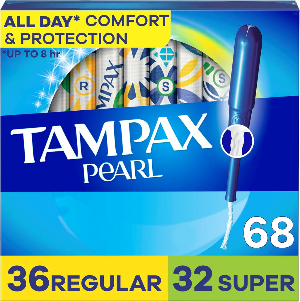 Tampax Pearl Tampons Multipack, with LeakGuard Braid, Regular/Super Absorbency, Up to 100% Leak and Odor Free Protection, Unscented, 68 Count