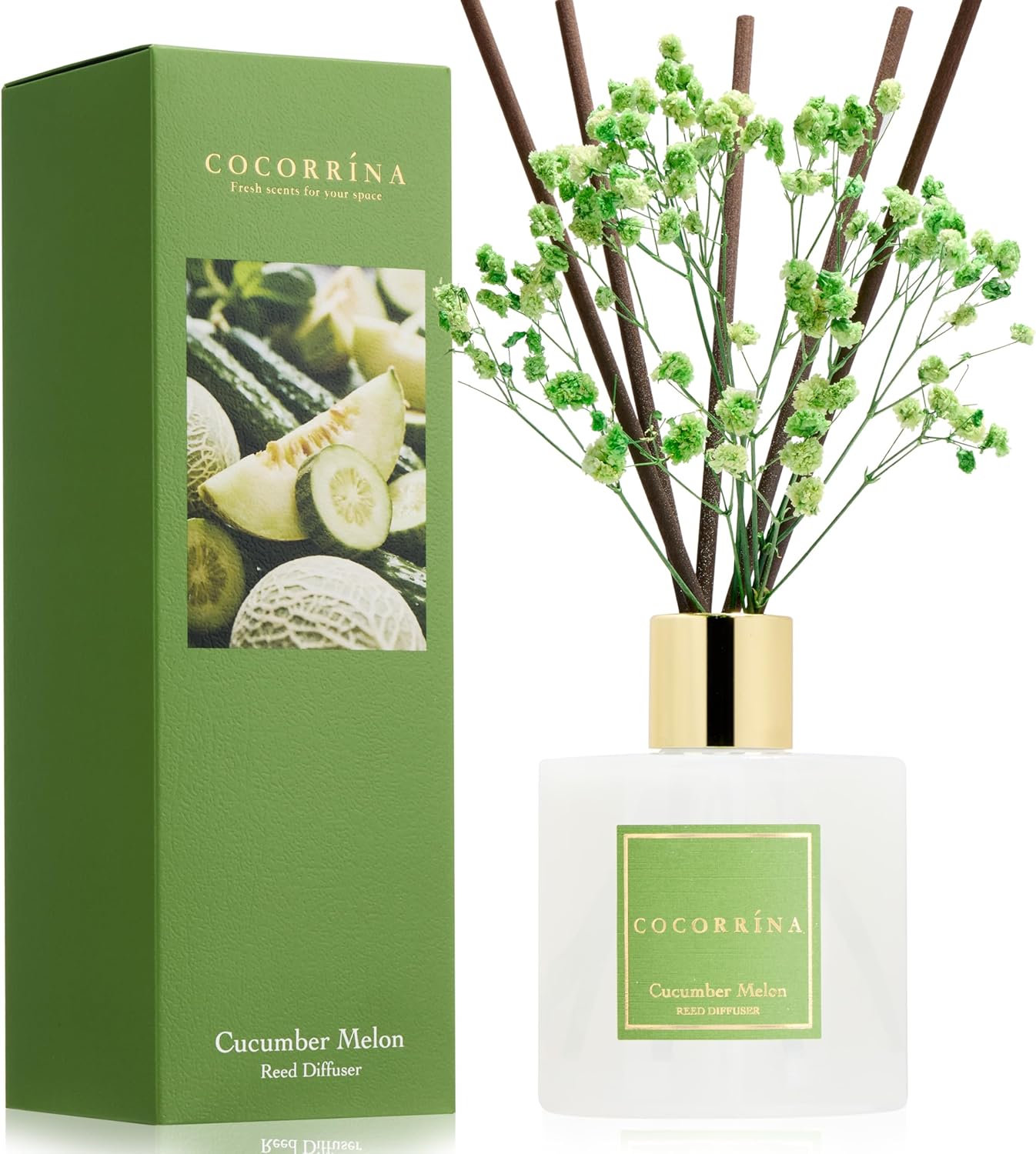 COCORRÍNA Reed Diffuser - Cucumber Melon 6.7 fl oz Reed Diffuser with Sticks, Bedroom Bathroom Shelf Decor