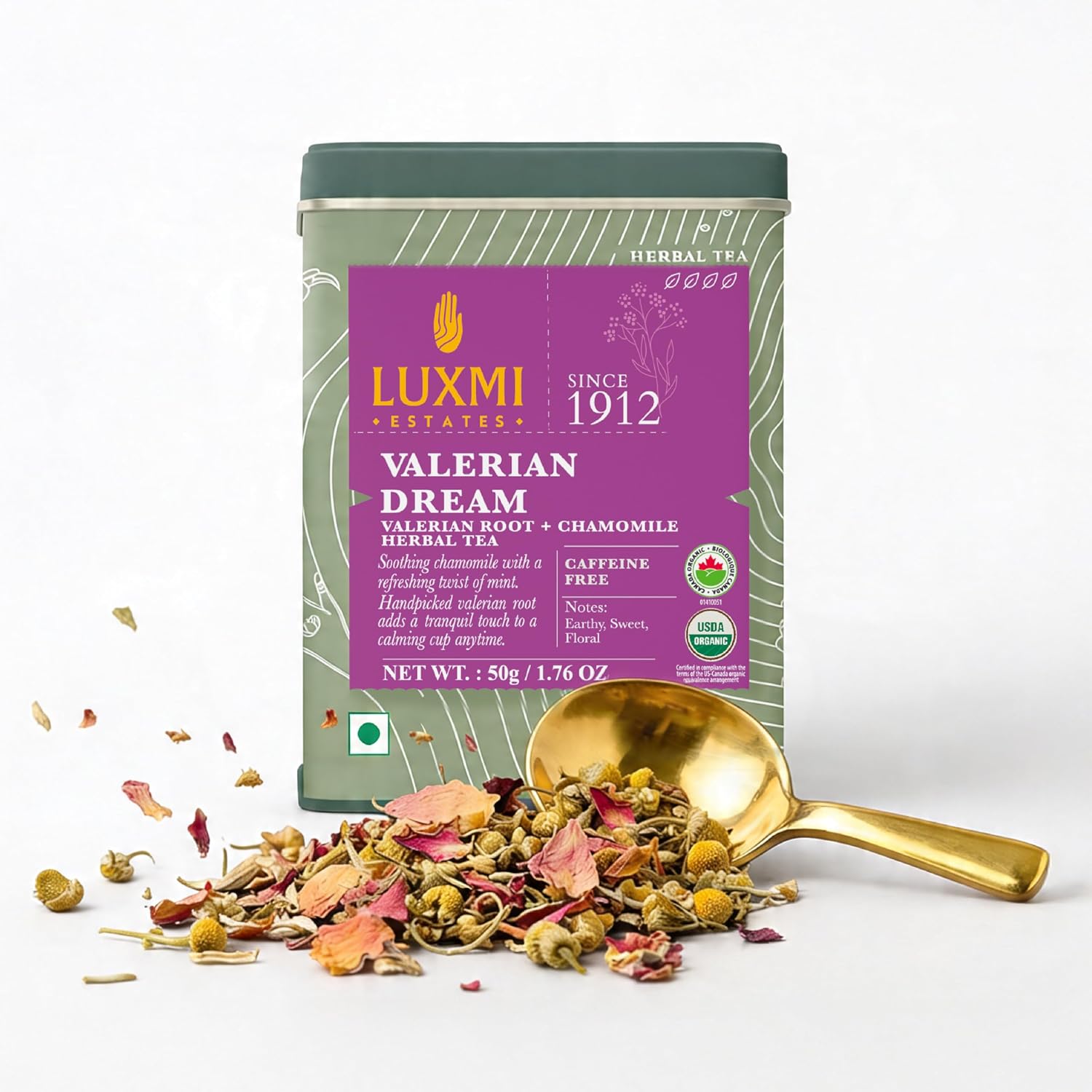 Luxmi Estates Organic Valerian Root, Chamomile, & Lavender Loose Leaf Tea 50g/1.76oz (25 cups) for Sleep | Caffeine Free Wellness Sleep Tea
