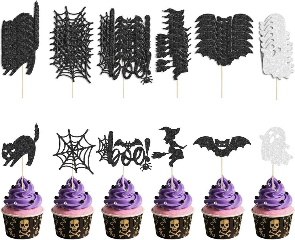 48 Pcs Halloween Cupcake Toppers with Bat, Ghost, Witch - Glitter Cupcake Picks for Cake Decorations and Party Supplies