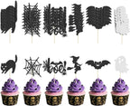 48 Pcs Halloween Cupcake Toppers with Bat, Ghost, Witch - Glitter Cupcake Picks for Cake Decorations and Party Supplies