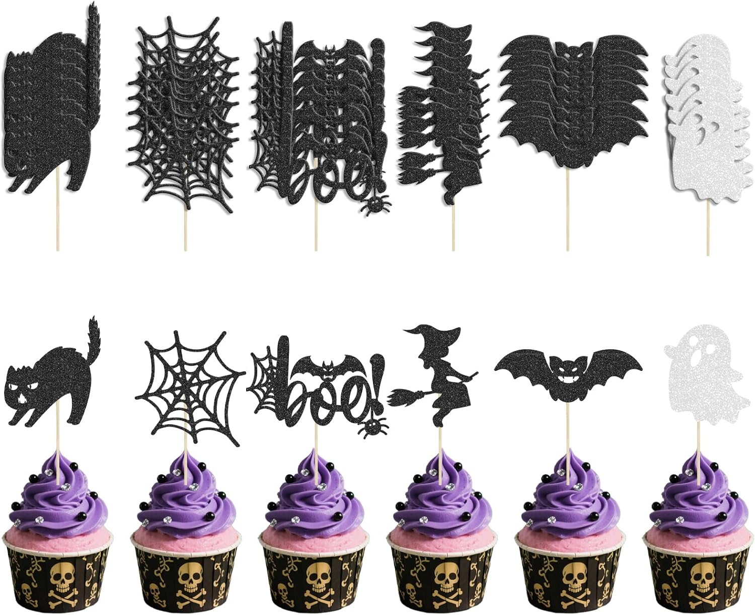 48 Pcs Halloween Cupcake Toppers with Bat, Ghost, Witch - Glitter Cupcake Picks for Cake Decorations and Party Supplies