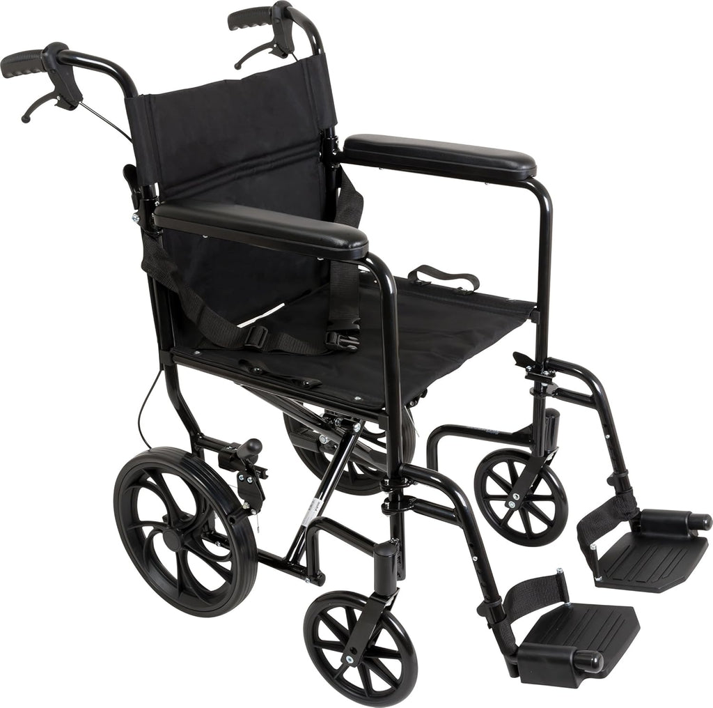 ProBasics Aluminum Transport Chair, Black - Lightweight Folding Companion Chair with 12” Rear Wheels, 19” Seat, Swing-Away Footrests, and Padded Armrests - Supports up to 300 lbs., 20 lb. Frame