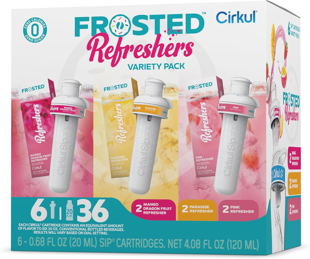 Cirkul Frosted Refreshers Caffeine Flavor Water Variety Pack, Makes 36 Drinks, No Sugar, Zero Calorie Drink Mix, (2 Pink, 2 Mango Dragon Fruit, 2 Paradise)