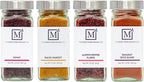 The Mediterranean Dish Exotic Middle Eastern Spice Bundle - Baharat, Ras El Hanout, Aleppo Pepper and Sumac - Gourmet Mediterranean Seasonings Set - Warm, Tangy and Aromatic Blends - Set of 4 Glass Bottles