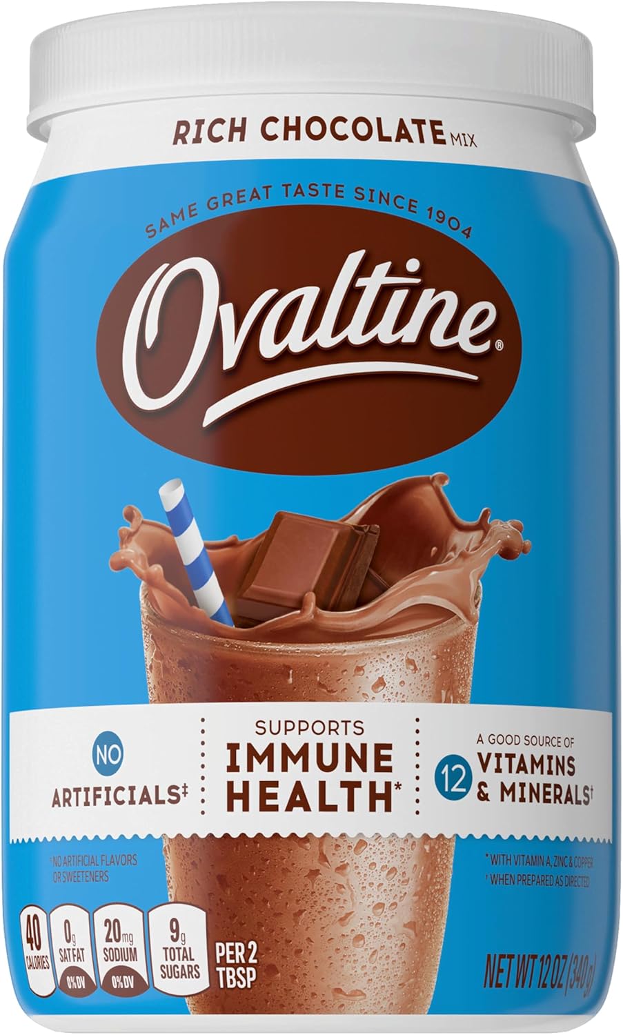 Ovaltine Rich Chocolate Drink Mix, Powdered Drink Mix for Hot and Cold Milk, 12 OZ Canister