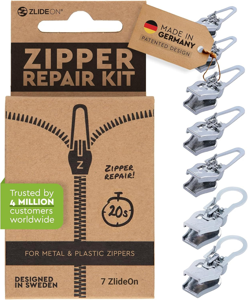 Zlideon Universal Zipper Repair Kit for Plastic & Metal Zippers Multipack - 7pcs, Silver | Instant Zipper Pull Replacement Slider for Denim, Jacket, Winter Coat | Easy to Install | Made in Germany