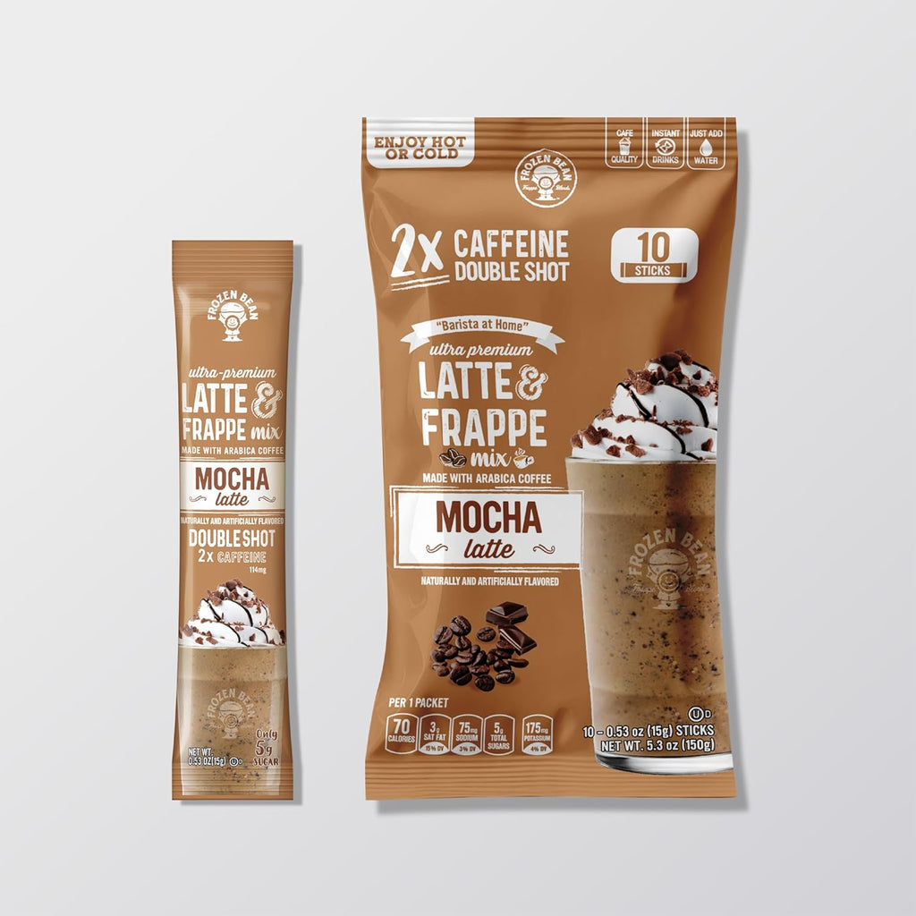 The Frozen Bean Mocha Frappe & Latte Instant Mix (10 Sticks), Made with Arabica Coffee, Double Shot Caffeine, Low Sugar & Premium Ingredients, Hot, Iced, or Blended Drinks